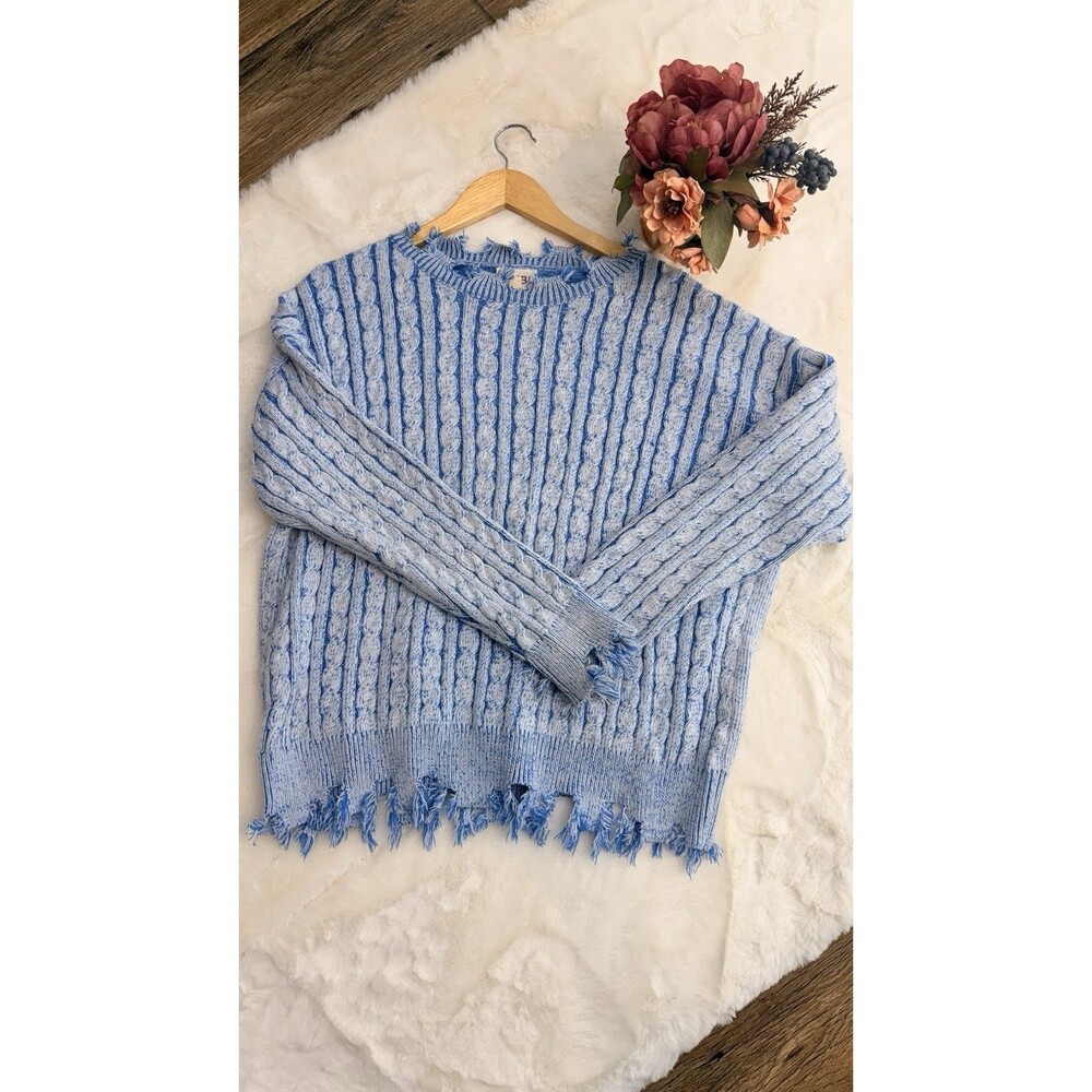 Bibi Women Sweater Size L Cable Knit Long Sleeve Distressed Chunky Blue - Picture 13 of 13